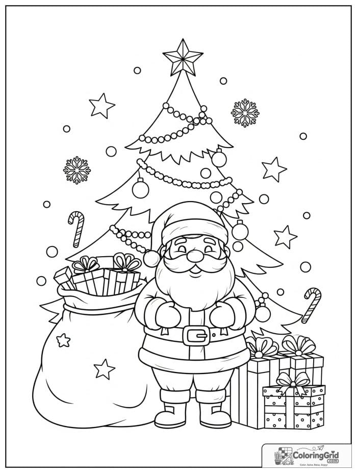 Santa Claus with gifts under a Christmas tree coloring page