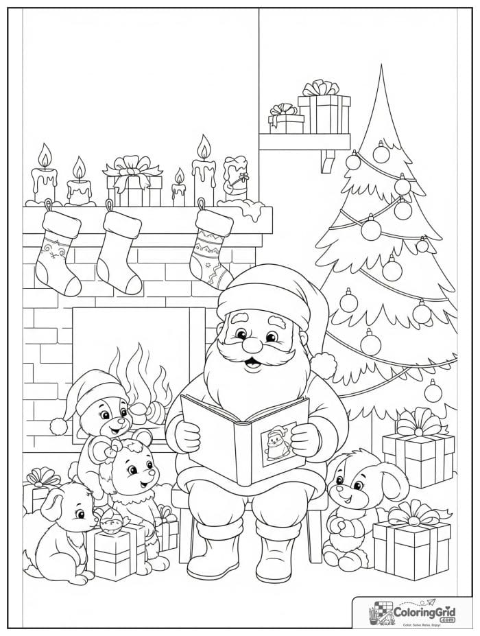 Santa reading Christmas story to animals coloring page