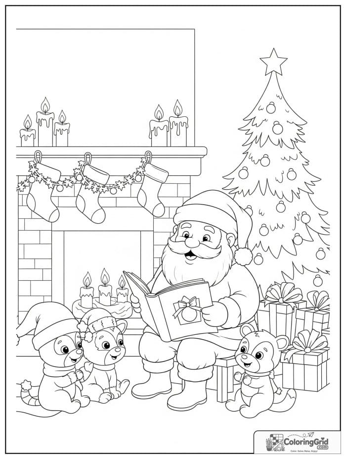 Santa reading Christmas story to animals coloring page
