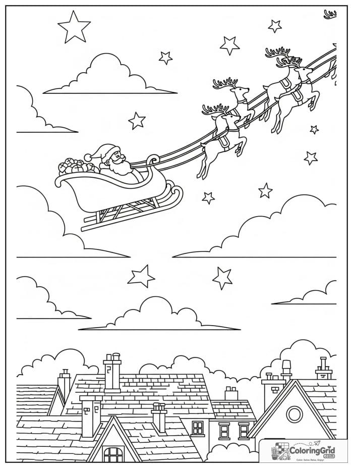 Santa sleigh flying over rooftops Christmas coloring page