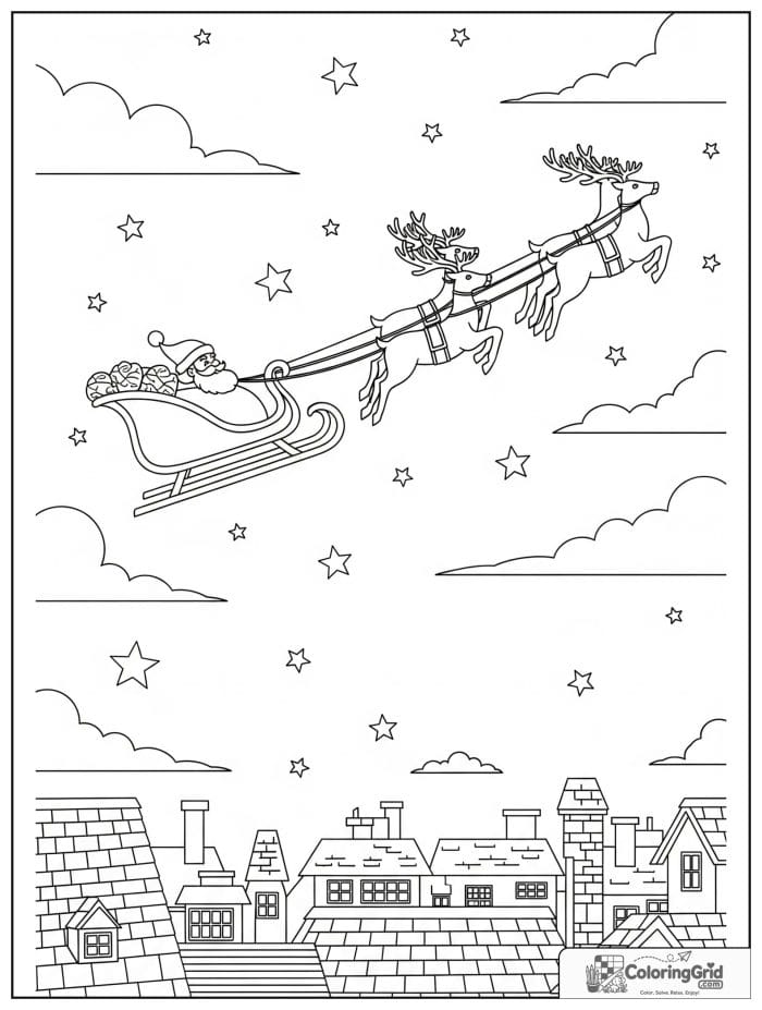 Santa sleigh flying over rooftops Christmas coloring page