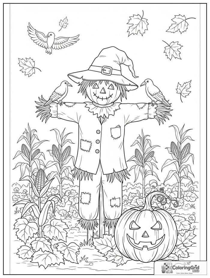 Scarecrow in pumpkin patch Halloween coloring page