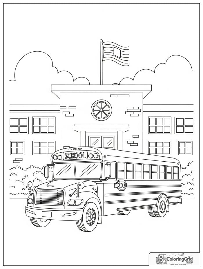 School bus in front of school for Bus Coloring Pages