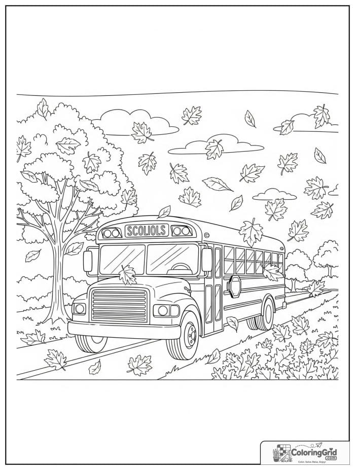 School bus with fall leaves for Bus Coloring Pages