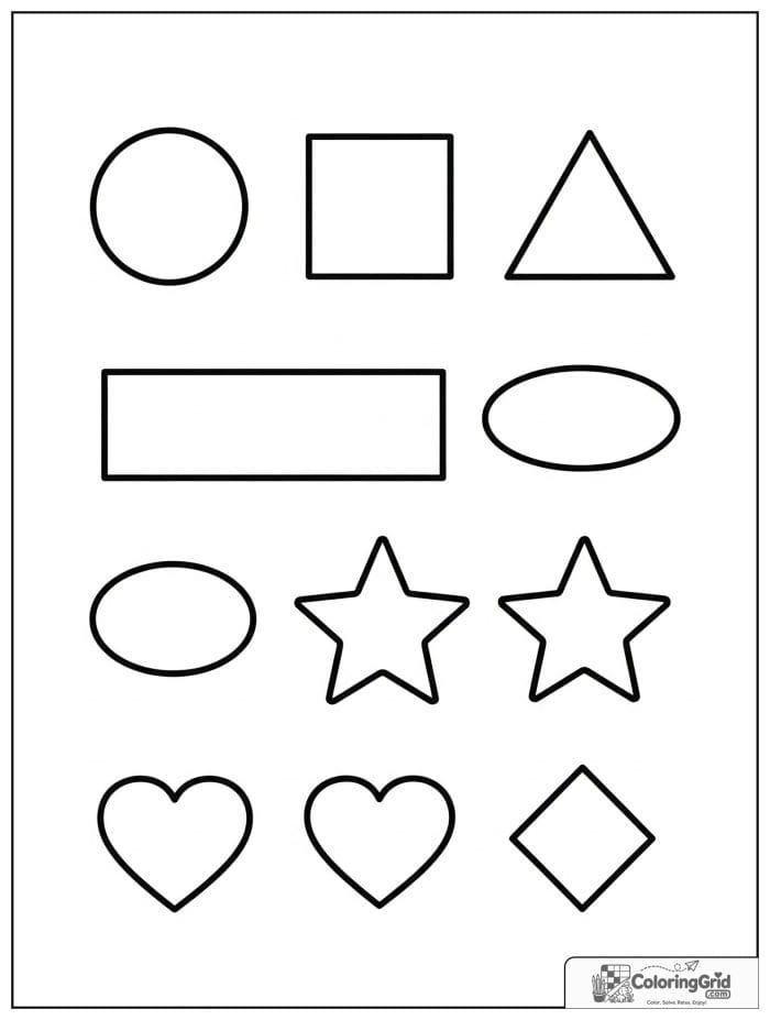 Basic shapes grid in black and white line art.