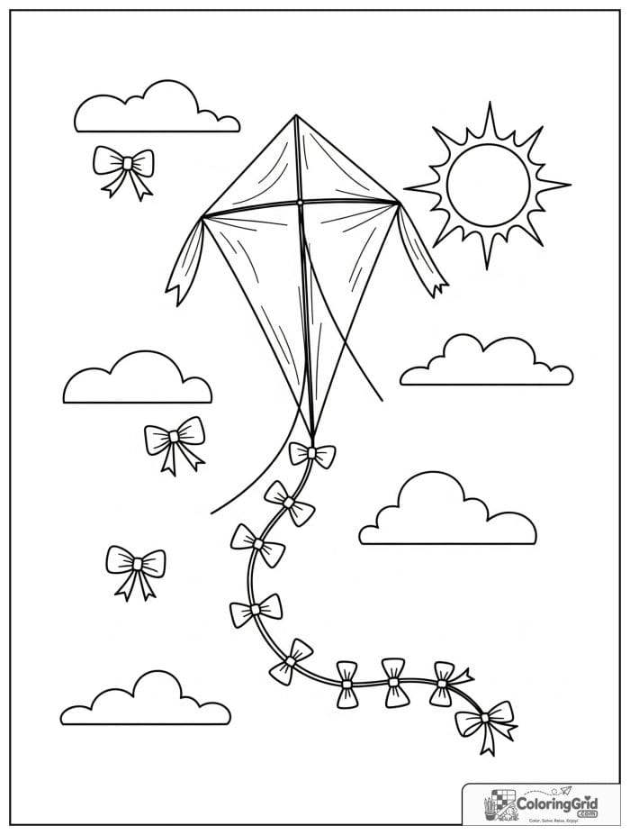 Diamond kite scene in black and white line art.