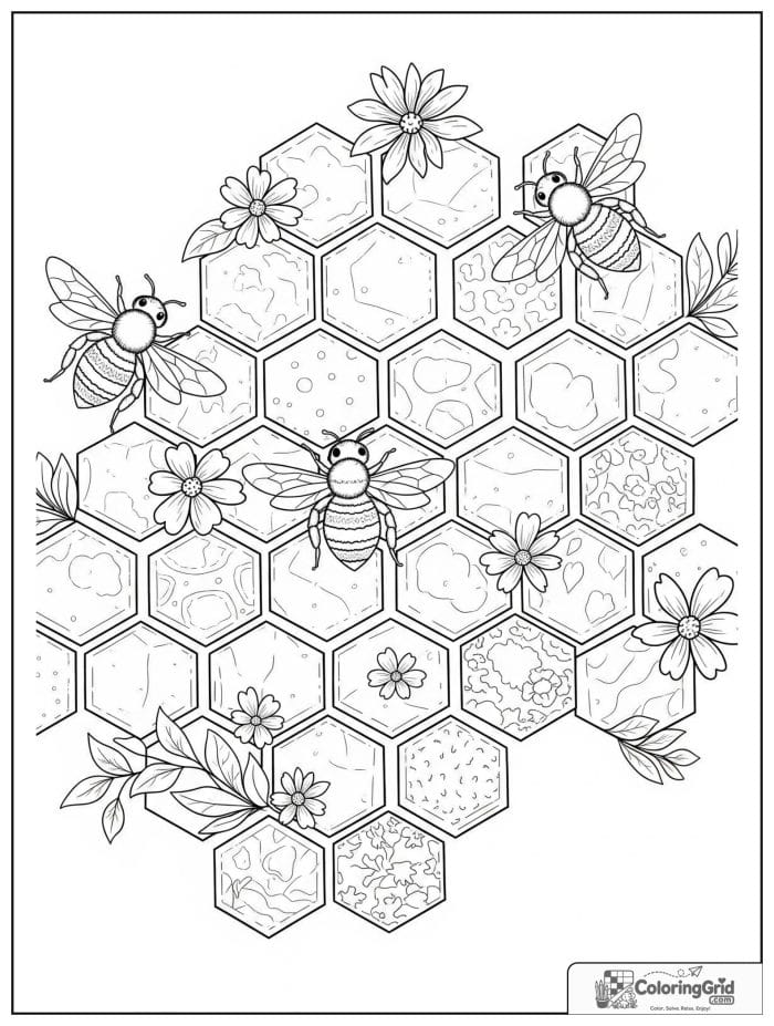 Hexagon honeycomb pattern in black and white line art.