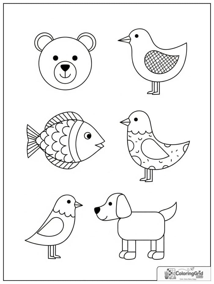 Animals made from basic shapes in black and white.