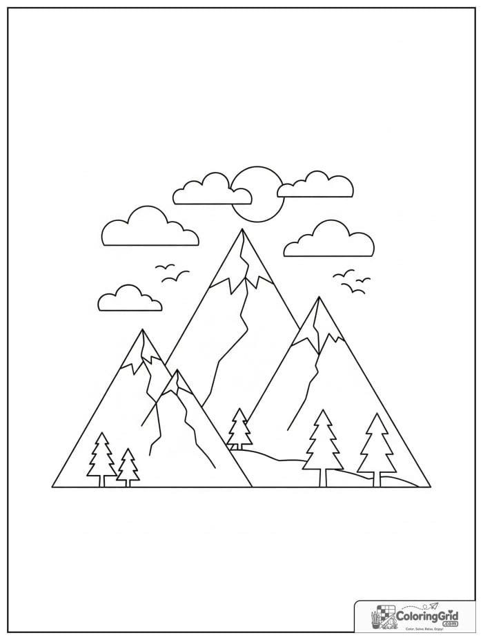 Triangle mountain scene in black and white line art.