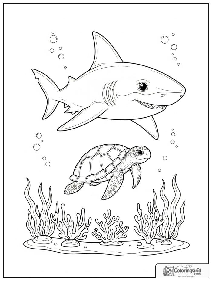 Friendly shark swimming beside a sea turtle.