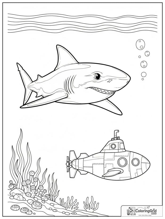 Curious shark swimming beside a submarine.