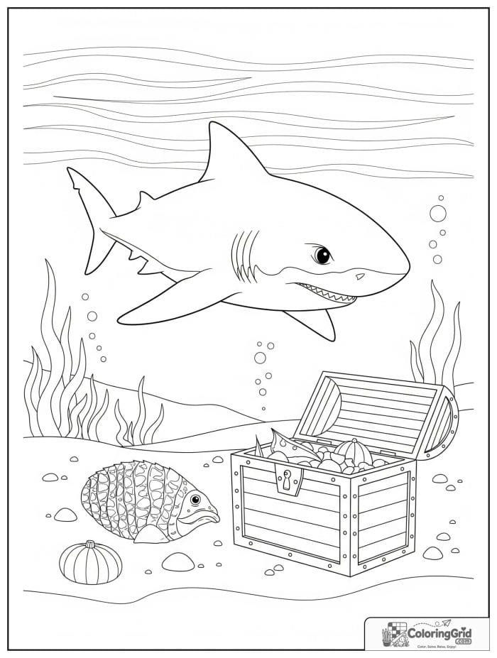 Curious shark near a treasure chest.