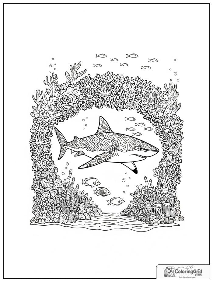 Shark swimming under a coral archway.