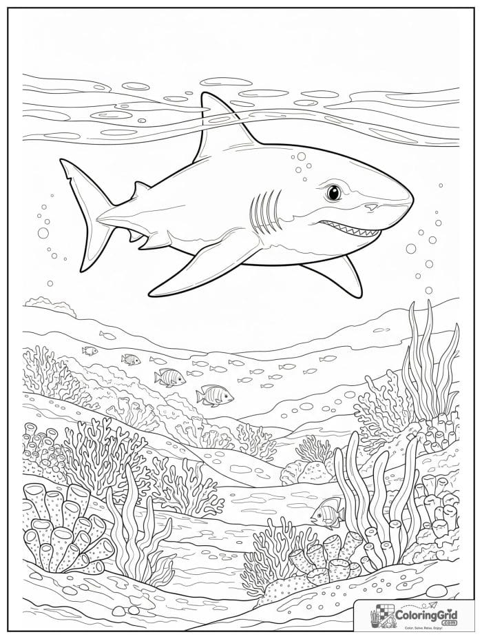 Friendly shark swimming near a coral reef.