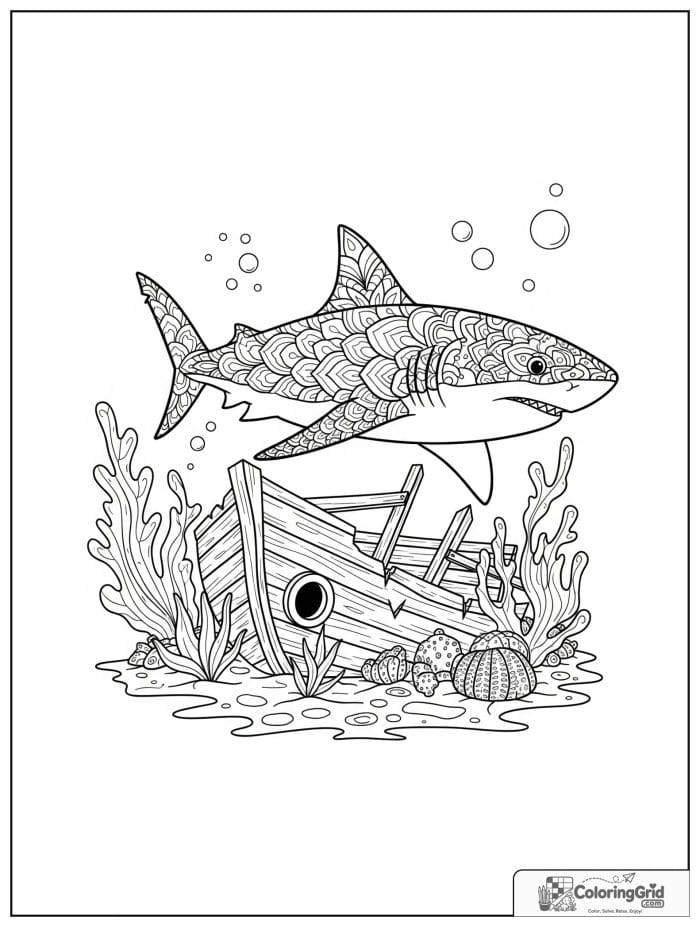 Shark swimming beside a shipwreck.
