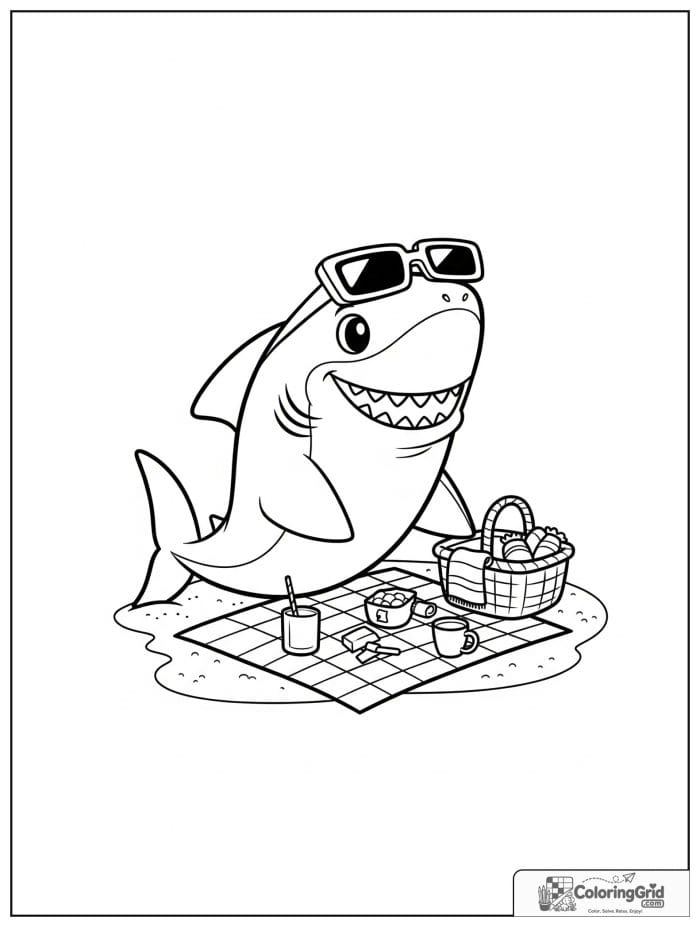 Cute cartoon shark having a picnic on the beach.