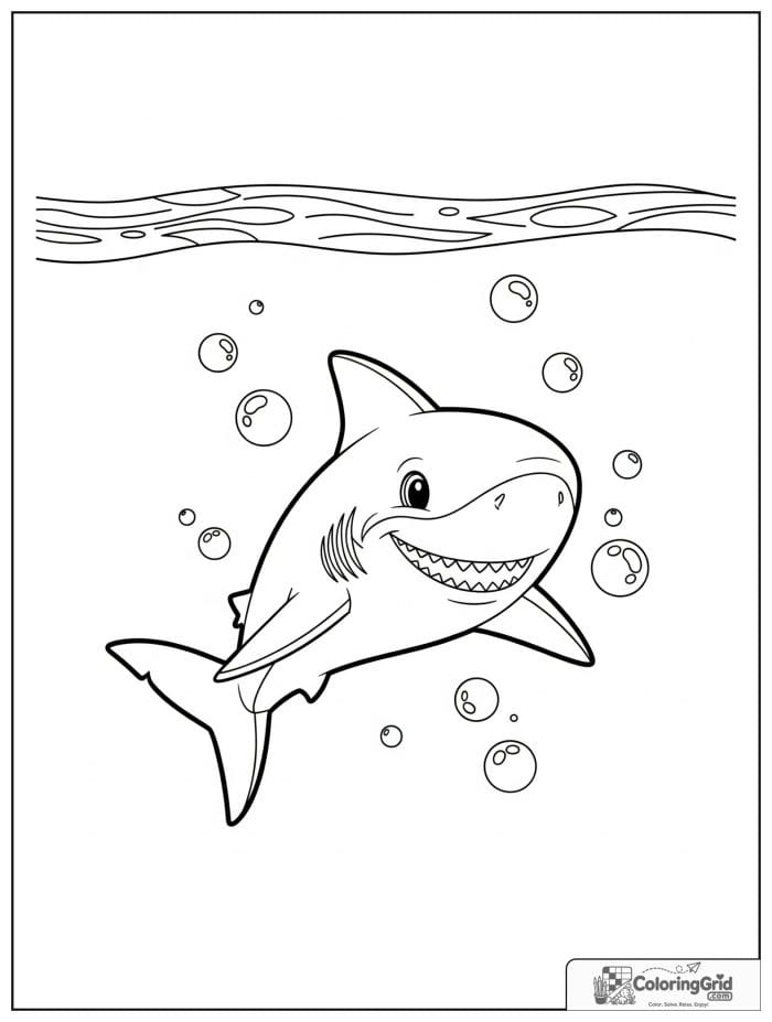 Smiling shark surrounded by bubbles.