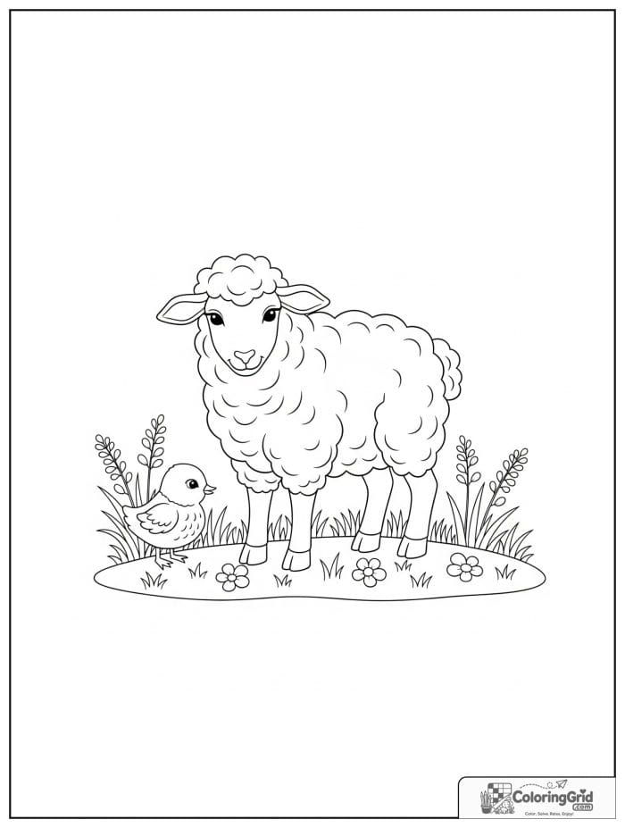 Sheep and chick friends black and white artwork.
