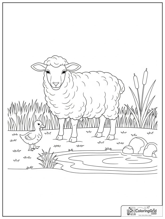 Sheep and duckling scene black and white artwork.