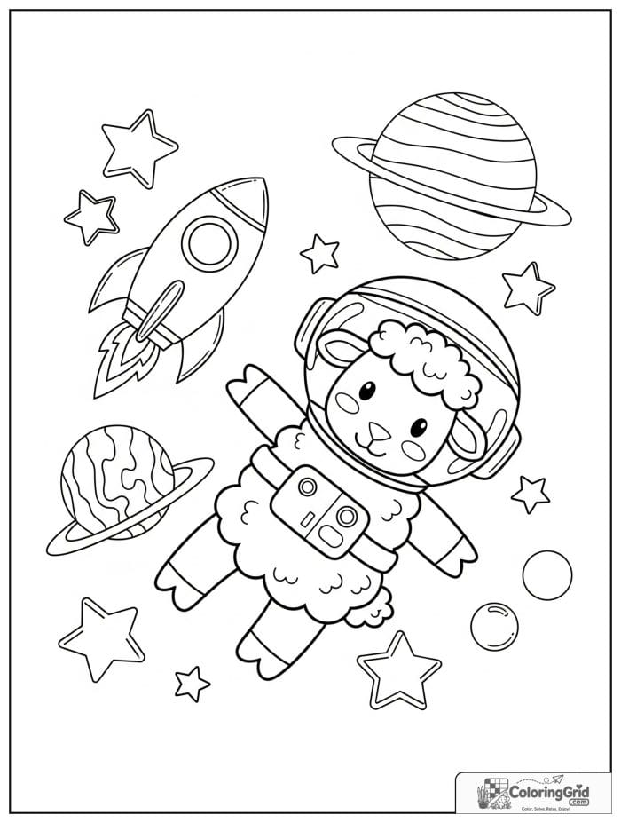 A brave sheep astronaut floating in space near planets, stars, and a rocket.