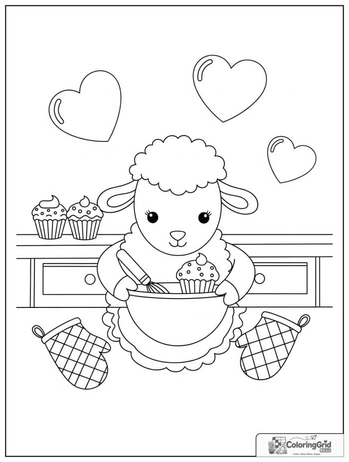 A cute sheep baking cupcakes in a cozy kitchen with a bowl and heart decorations.