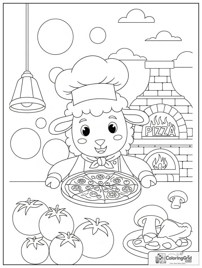 A smiling sheep chef making pizza in a pizzeria with tomatoes, mushrooms, and an oven.