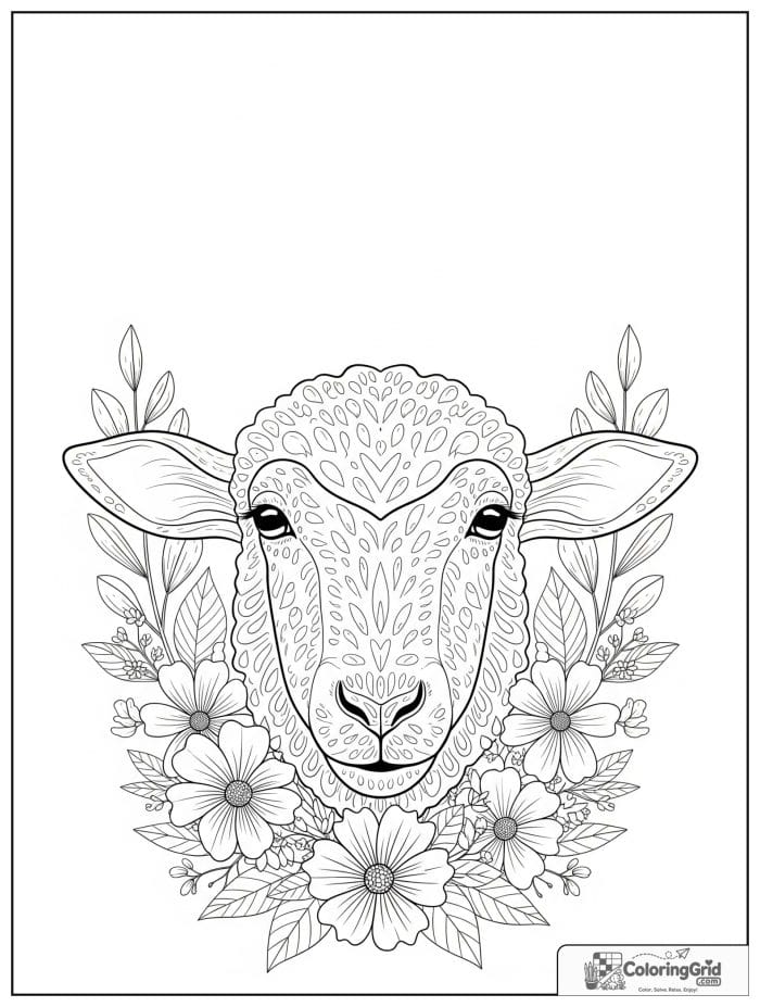 Sheep closeup with flower frame black and white line art.