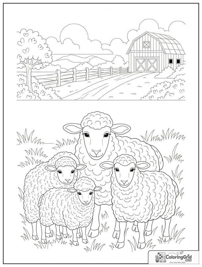 Sheep family farm scene black and white artwork.
