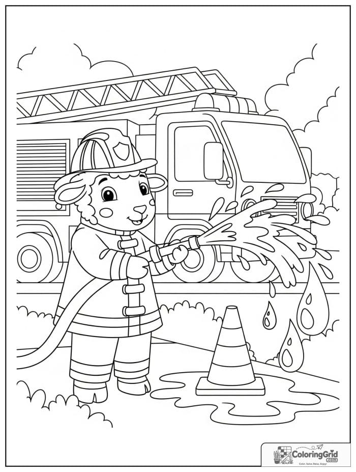 A helpful sheep firefighter spraying water beside a fire truck on a village street.