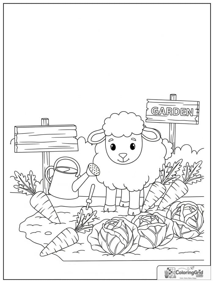 A friendly sheep gardening in a vegetable patch with carrots, cabbages, and a watering can.