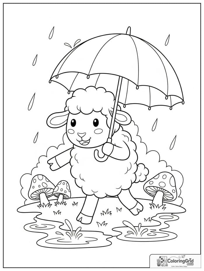 A happy sheep walking in the rain with an umbrella, puddles, and mushrooms.