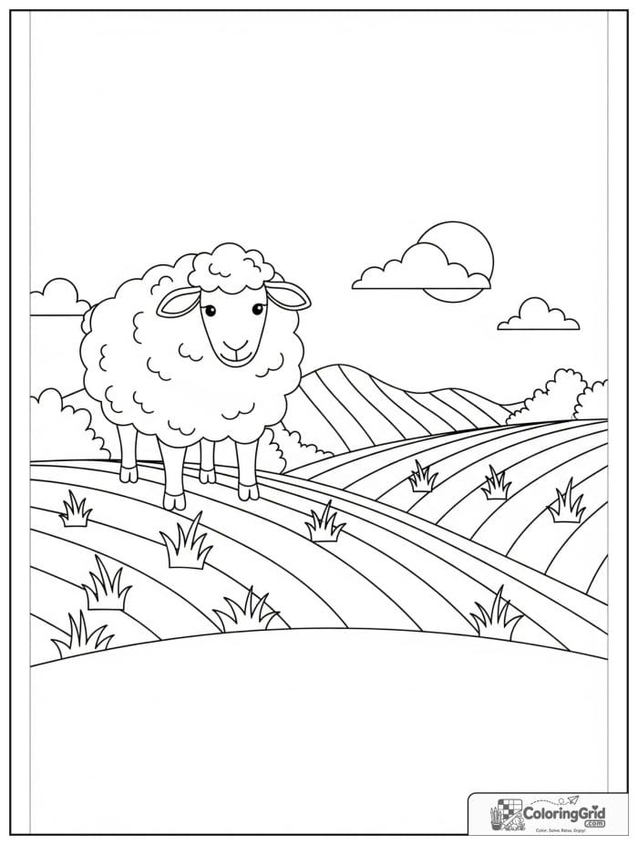 Sheep in hillside scene black and white drawing.