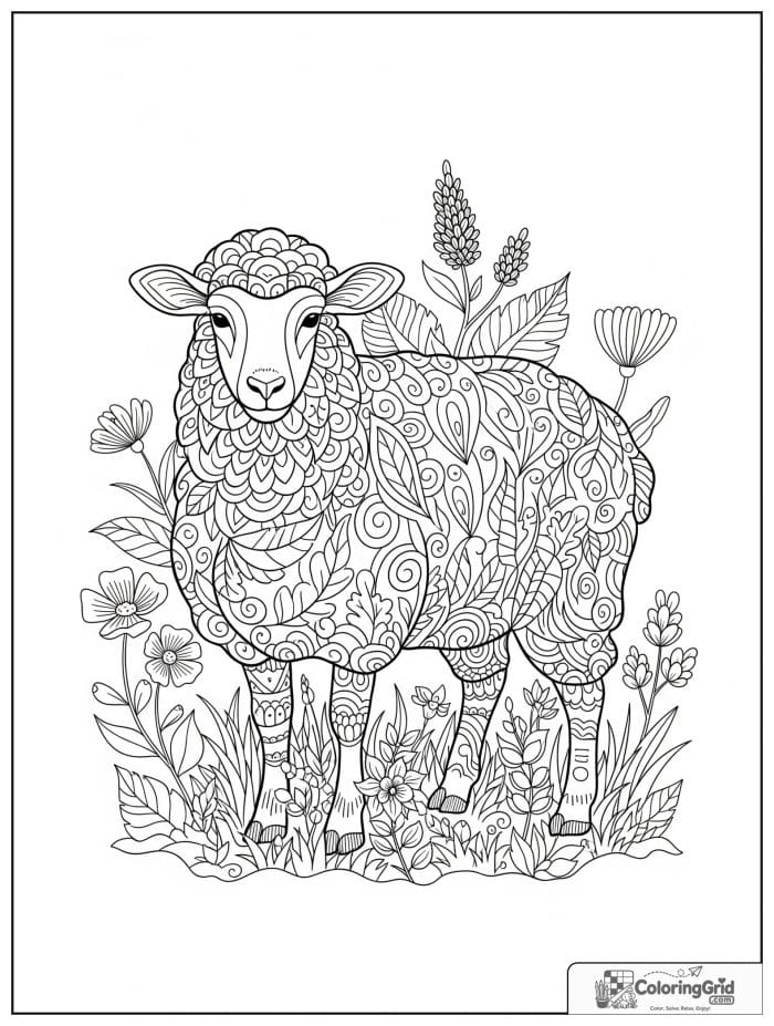Sheep in leafy meadow black and white drawing.