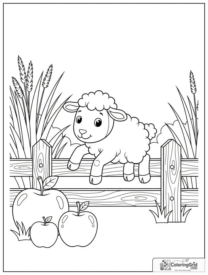 A playful sheep jumping over a farm fence with apples and tall grass nearby.