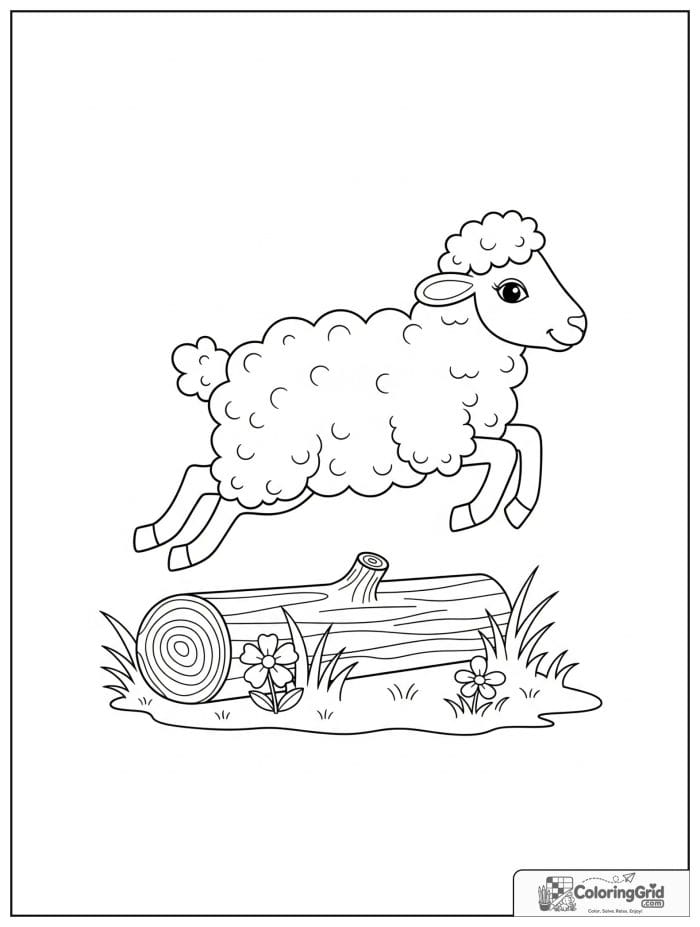 Sheep jumping over log black and white line drawing.