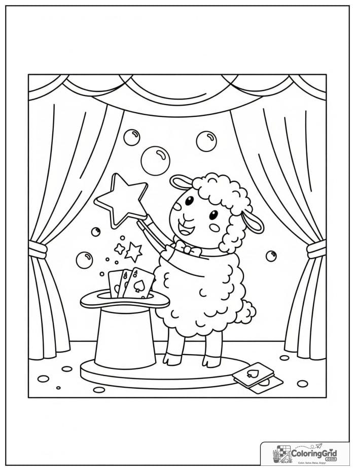 A joyful sheep magician pulling a star from a hat on a stage with cards and bubbles.