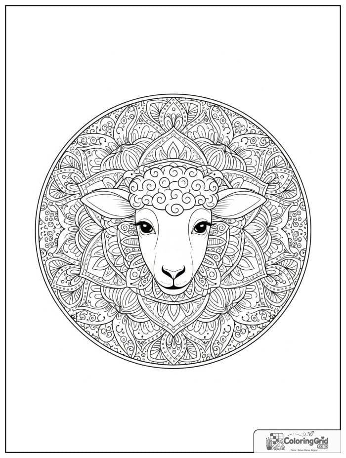 Sheep mandala circle black and white artwork.