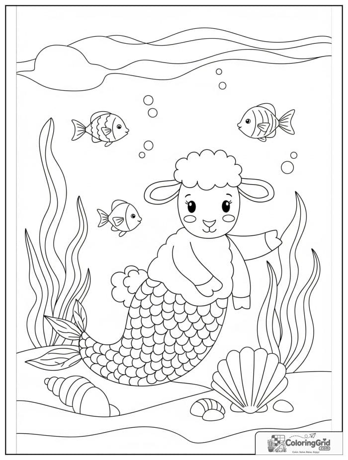 A gentle sheep mermaid swimming under the sea with fish, seashells, and seaweed.