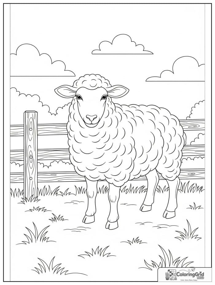 Sheep near fence black and white line drawing.