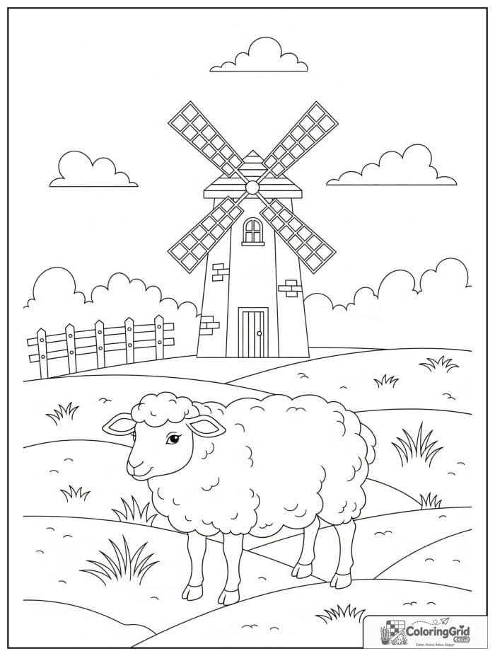 Sheep near windmill black and white artwork.