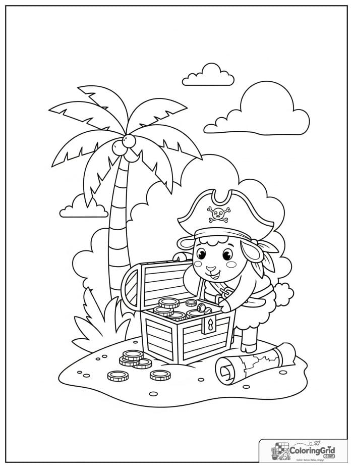 A cheerful sheep pirate discovering treasure on an island with coins and a map.