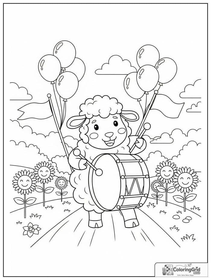 A joyful sheep playing a drum in a farm parade with flags, balloons, and sunflowers.