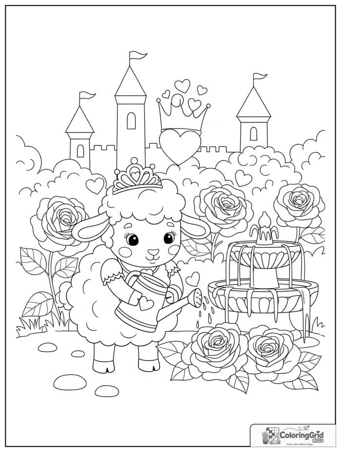 A sweet sheep princess watering roses in a castle garden with a fountain.