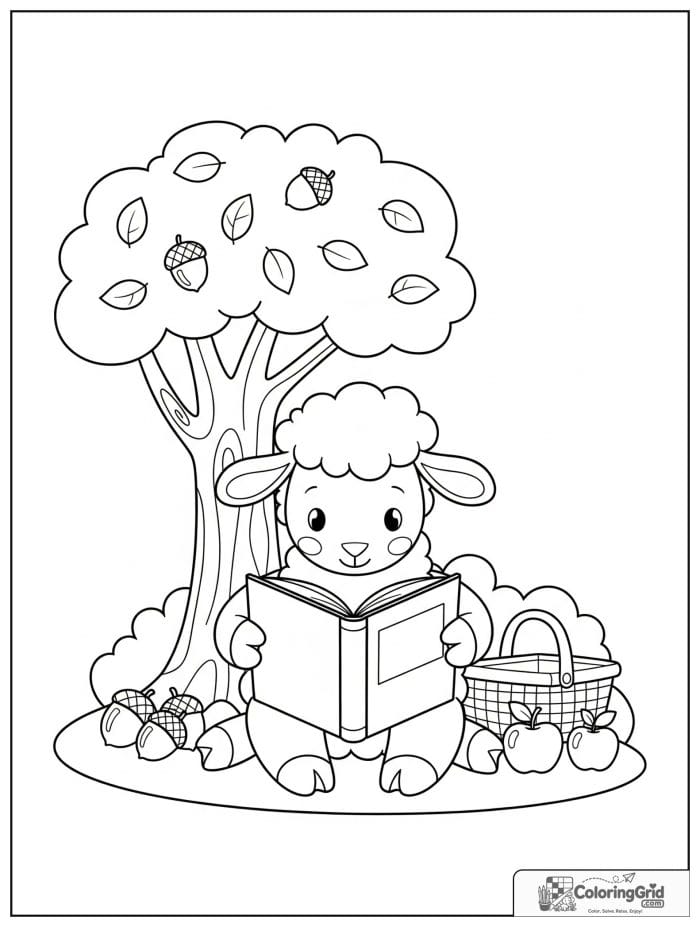 A calm sheep reading a book under a tree with apples and a picnic basket nearby.
