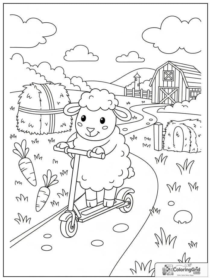 An adventurous sheep riding a scooter on a farm path with hay bales and a barn.