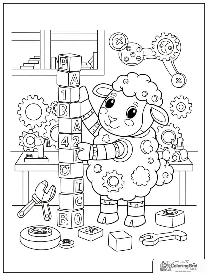 A funny sheep robot building a block tower in a toy workshop with gears and tools.