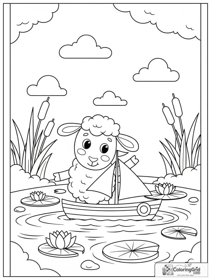 A curious sheep sailing a toy boat on a pond with lily pads, reeds, and clouds.