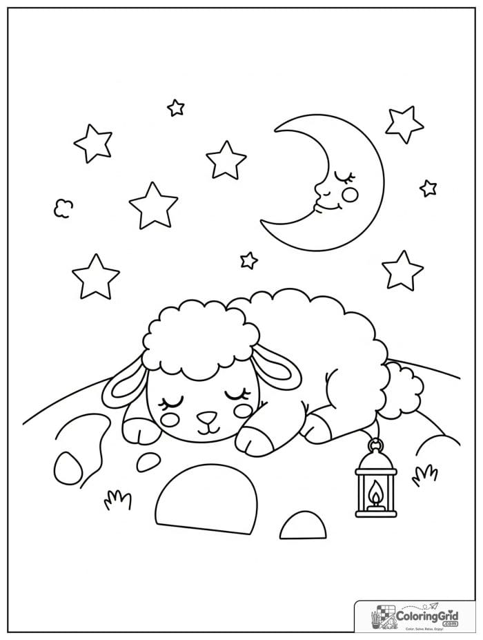 A sleepy sheep resting on a hill under stars, a crescent moon, and a lantern.