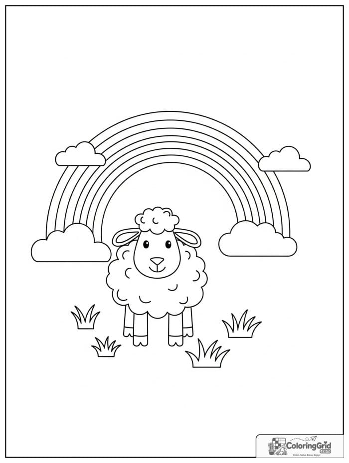 Sheep under rainbow black and white line art.