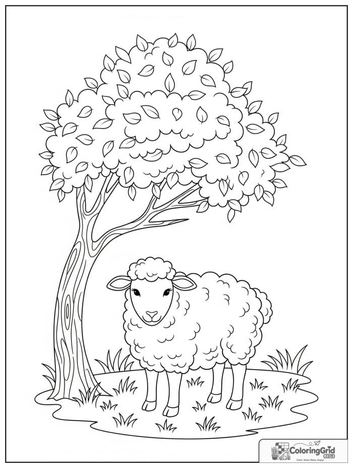 Sheep under tree black and white artwork.